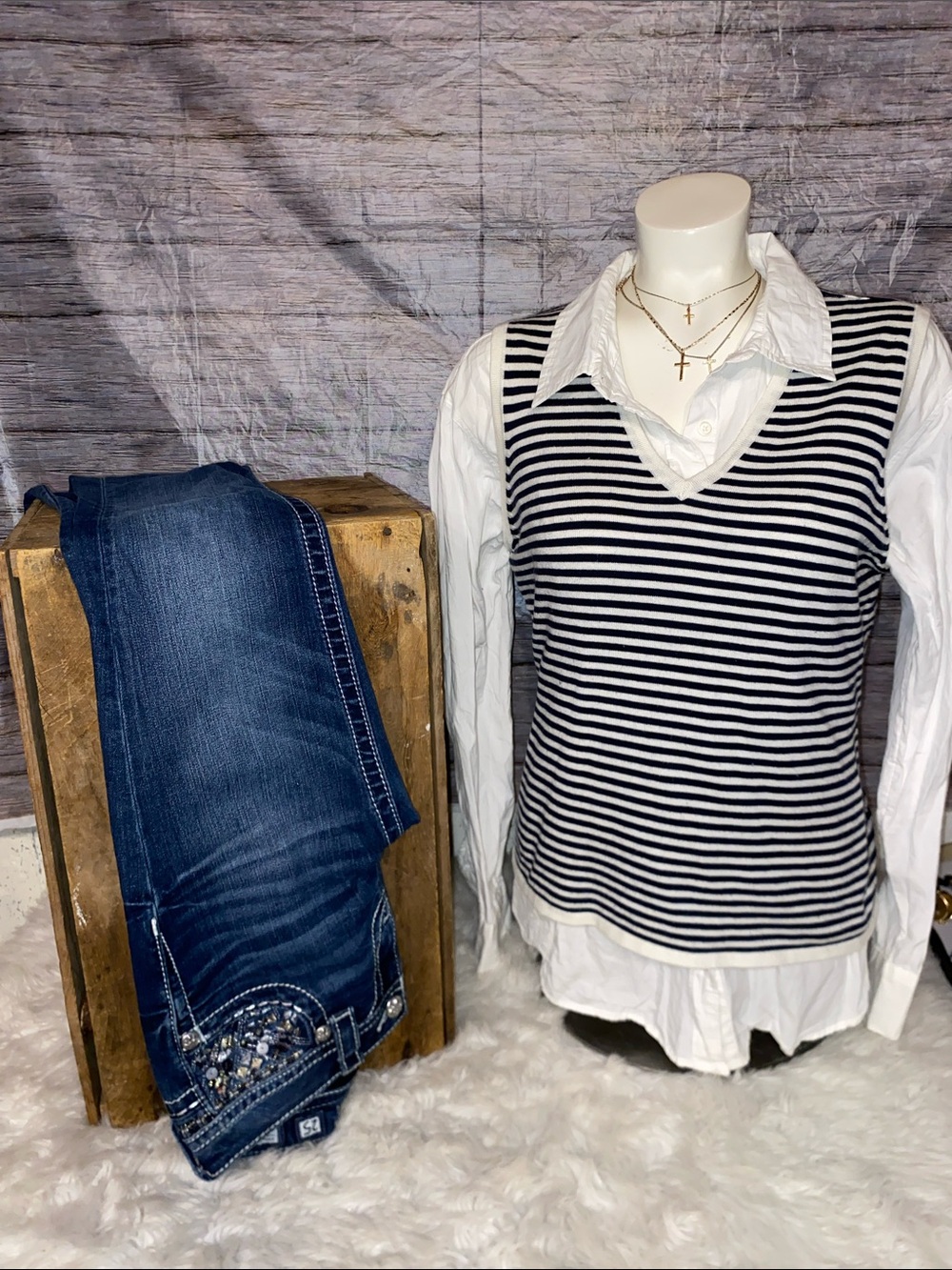 George Black and White Striped V-Neck Sweater Vest